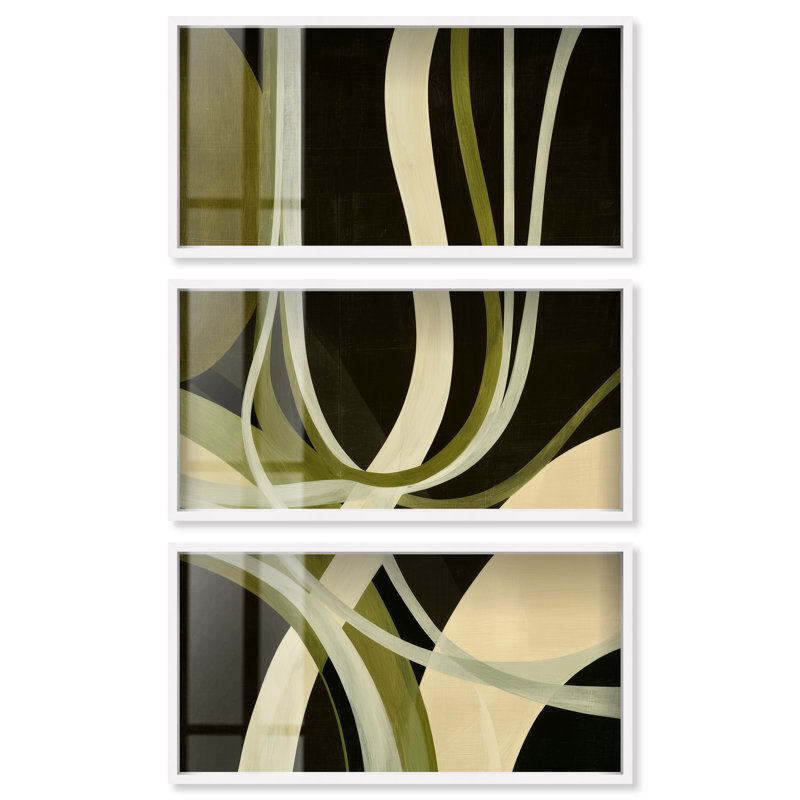 Ensemble d'art mural bohème moderne Olive Ribbons I Shadowbox Print par Art Remedy, cadre blanc, 44 x 22, 23.5"H x 45.5"W