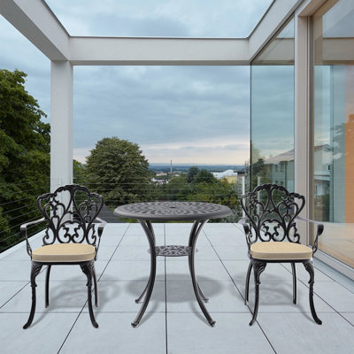 Ensemble de bar 3 pièces de mobilier de patio en aluminium coulé avec coussins beiges