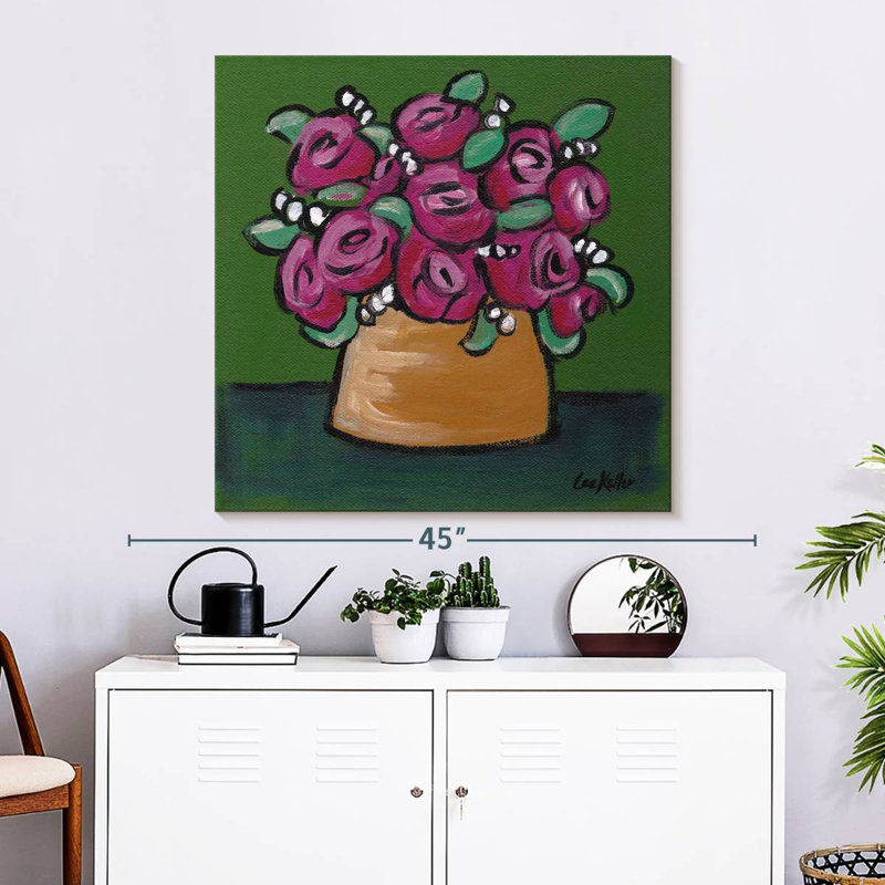 Harnek en pot rose sur fond vert, H 33 po x l 33 po