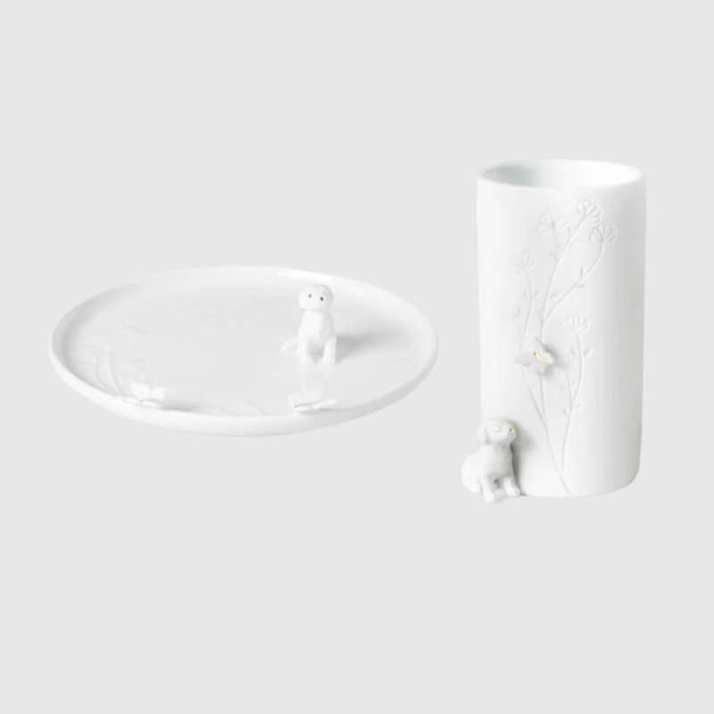 Porcelain Stories Puppy Vase and Plate Set