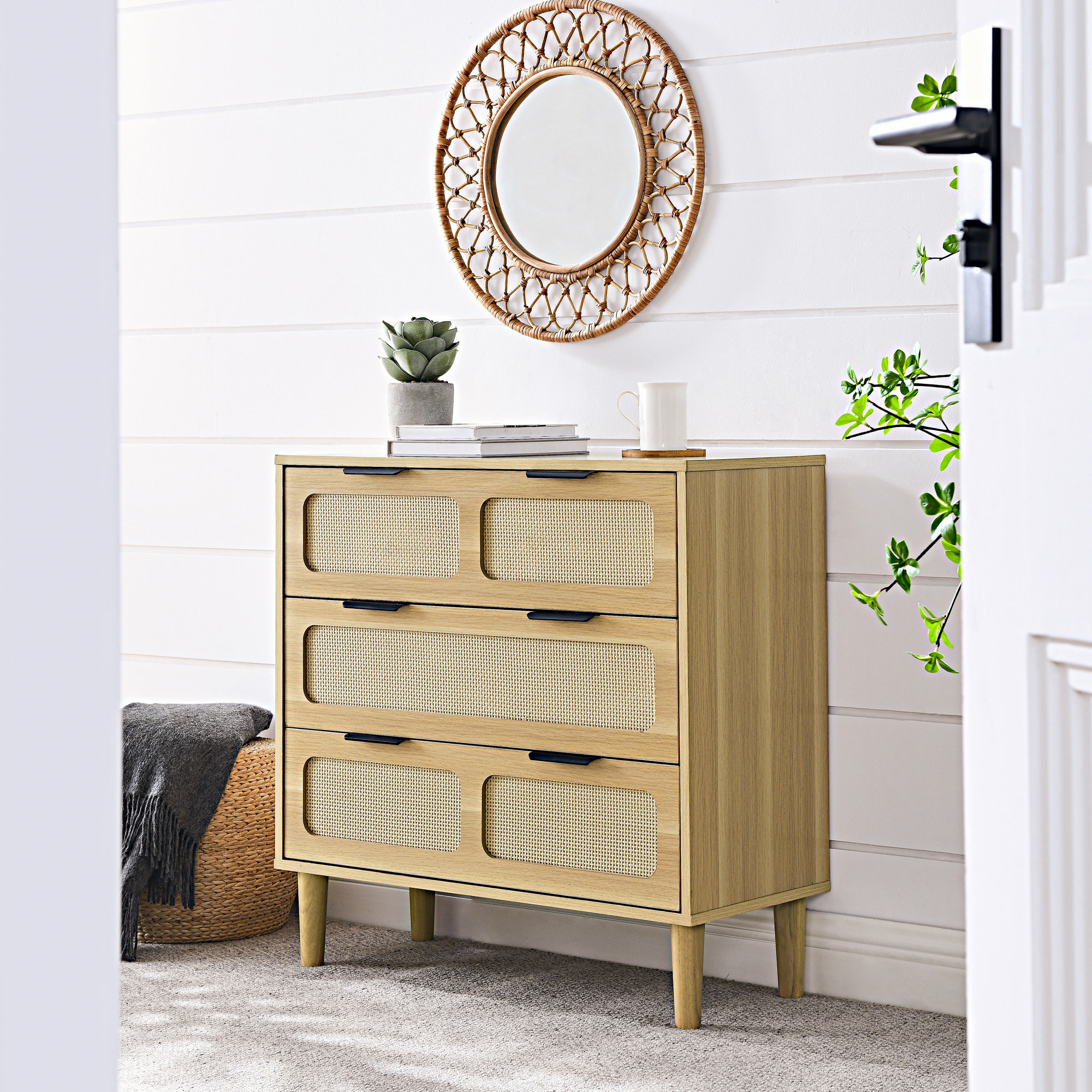 George Oliver 3 Drawer Dresser, Modern Rattan Dresser Cabinet With Wide ...
