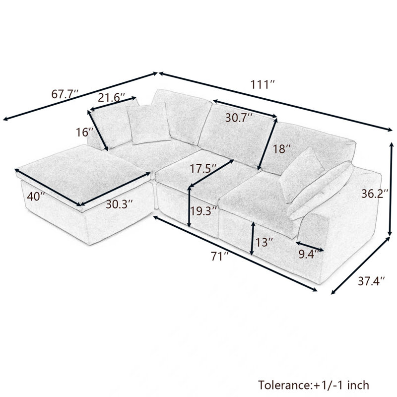 Canapé modulaire en forme de L avec repose-pieds de 111 po avec canapé modulaire en forme de L de 111 po et canapé modulaire 3 places, brun