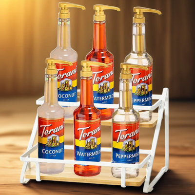 2-Tier Coffee Syrup Rack Organizer And Holder Stand For Coffee Bars And Kitchen Countertops, Sturdy Metal And Wood Storage Shelf For Syrup Bottles, Spices, And Wine