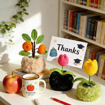 3 pièces de fleurs de mandarine au crochet faites à la main - cadeau inspirant de soutien affectif avec carte de posivité, parfait pour la Saint-Valentin, Pâques, appréciation des enseignants, bureau et décoration intérieure, cadeau unique pour les femmes et les hommes
