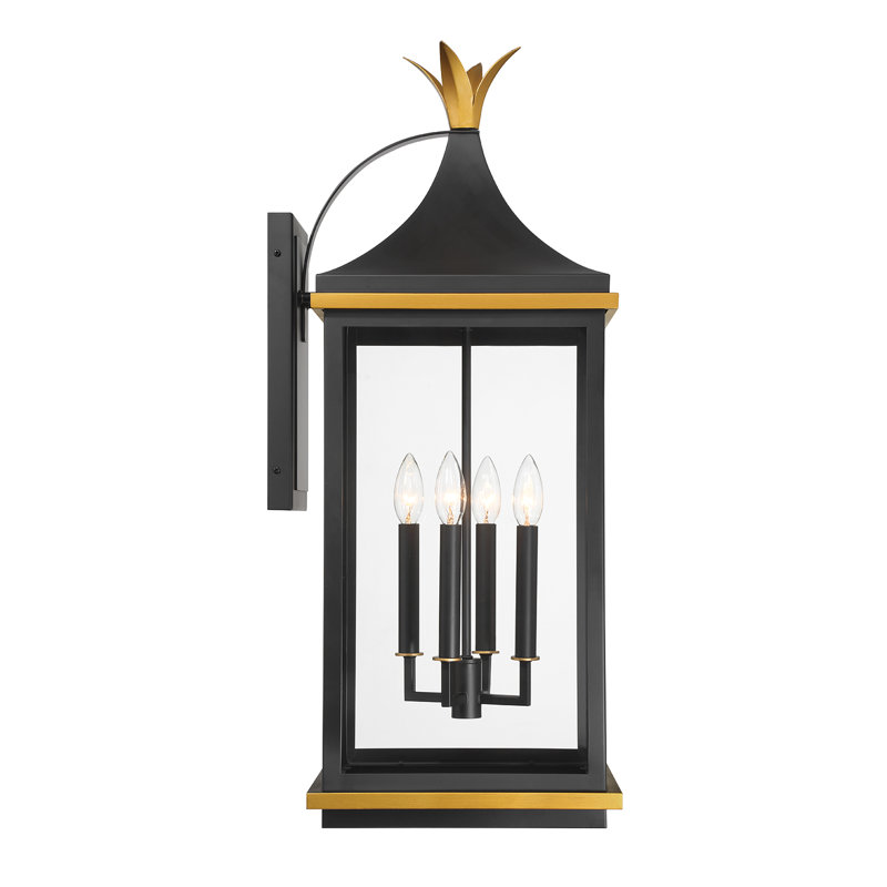 Meggett 3 Light Matte Black + Textured Gold Outdoor Sconce, 31.50" H x 12.25" W x 14.25" D