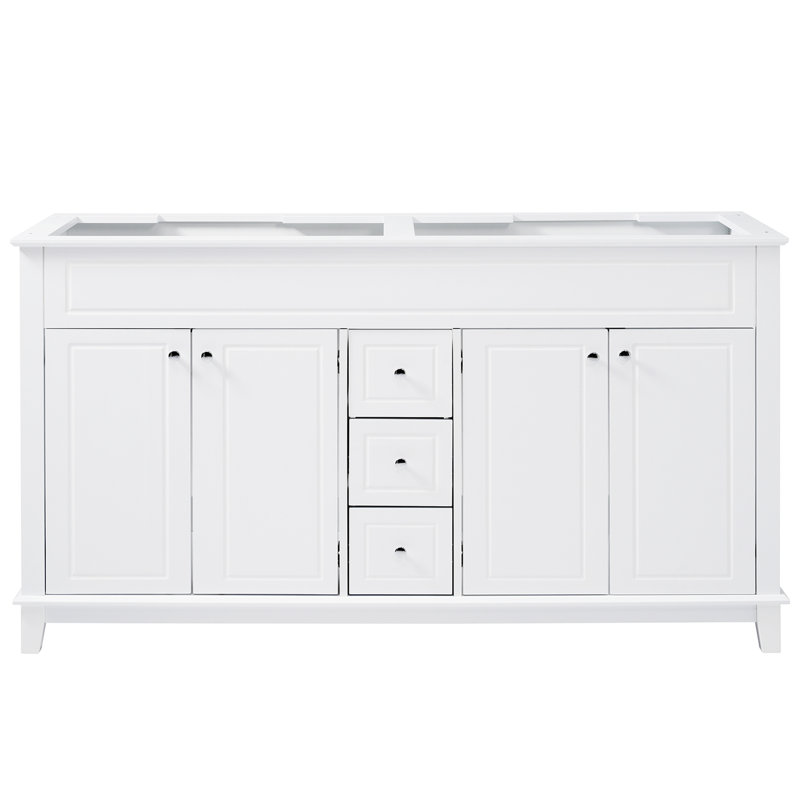 Armoire de meuble-lavabo 58 po seulement, 3 tiroirs et 4 portes (2 avec tablettes à double couche), pieds en bois massif, fermeture en douceur, blanc