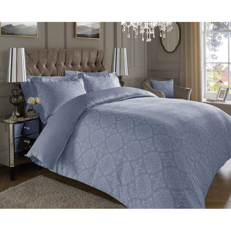 Rosner Cotton Blend Damask Duvet Cover Set with Pillowcases, 230 x 200cm - 2 Standard Pillowcases, Blue