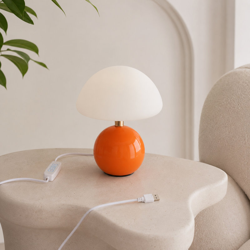 Lampe de table champignon en céramique orange, lampe de chevet à DEL alimentée par USB avec lumière tricolore pour table de chevet