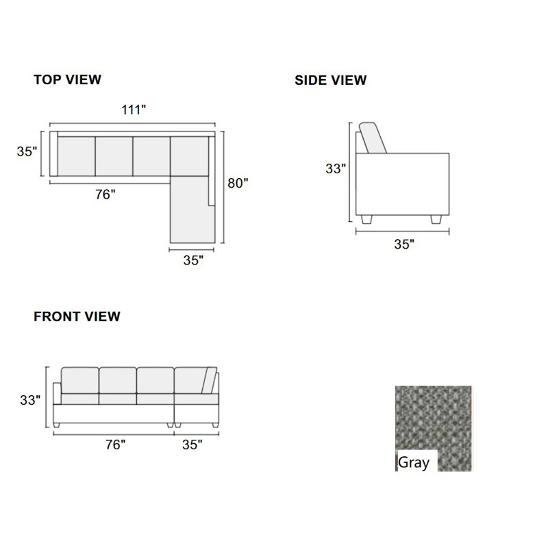 Sectional with Right Hand Facing Chaise, Gray Polyester Blend