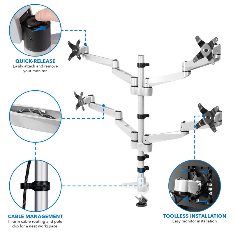 Mount-It! Quad Monitor Desk Mount, Full Motion Monitor Arms for 4 Computer Displays, Aluminum Mount