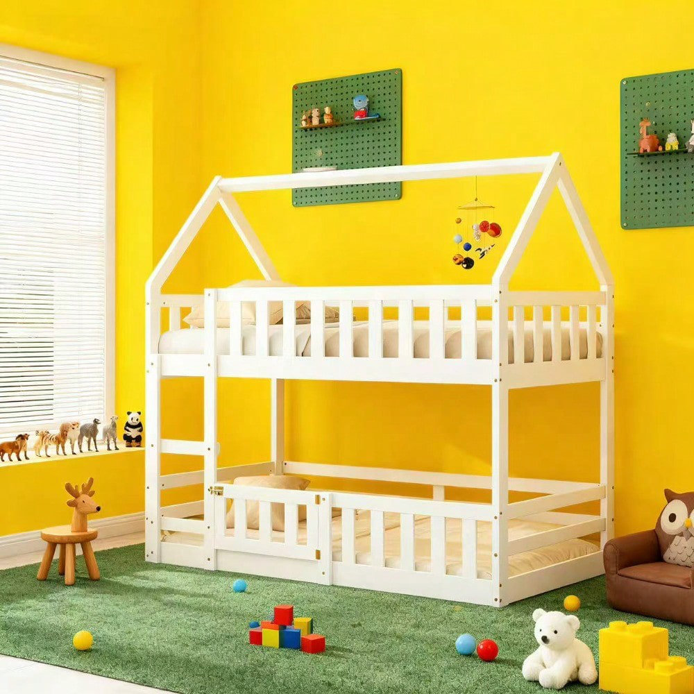 One Allium Way® Twin over Twin House Bunk Bed with Door & Safety Fence ...