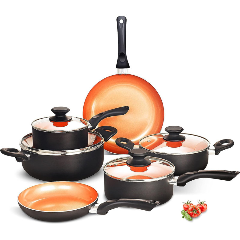 10-Piece Copper and Black Non-Stick Cookware Set with Wooden Handles
