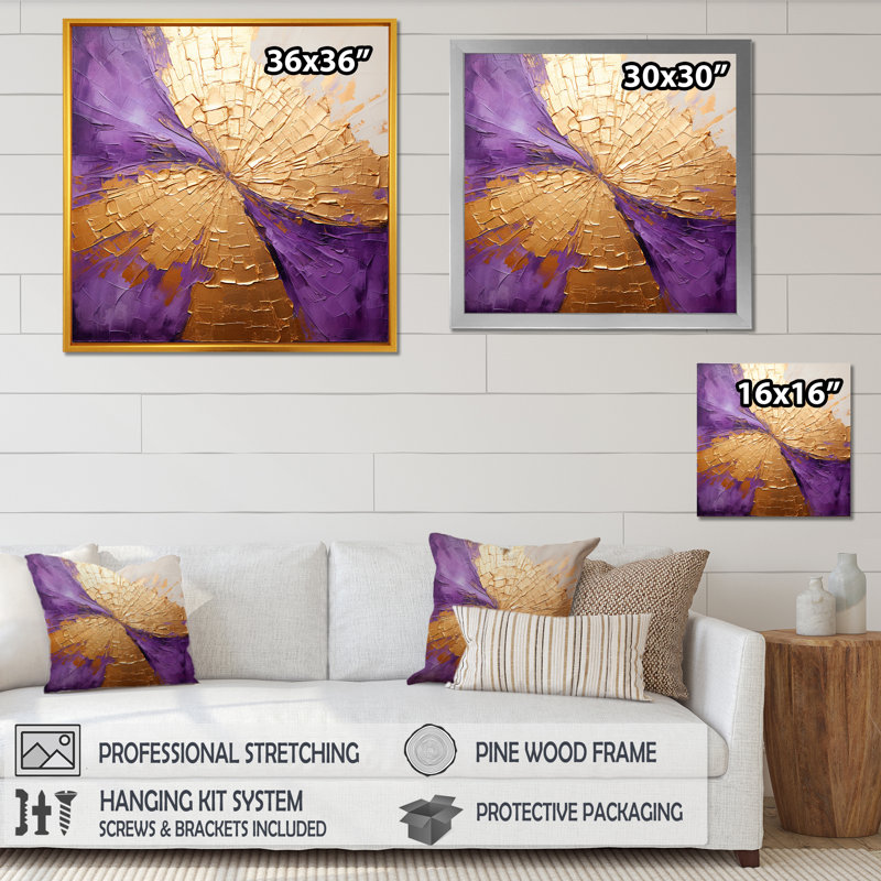 Or lunaire doré et mauve I sur impression sur toile, Cadre flottant doré, H 30 po x l 30 po x P 1 po