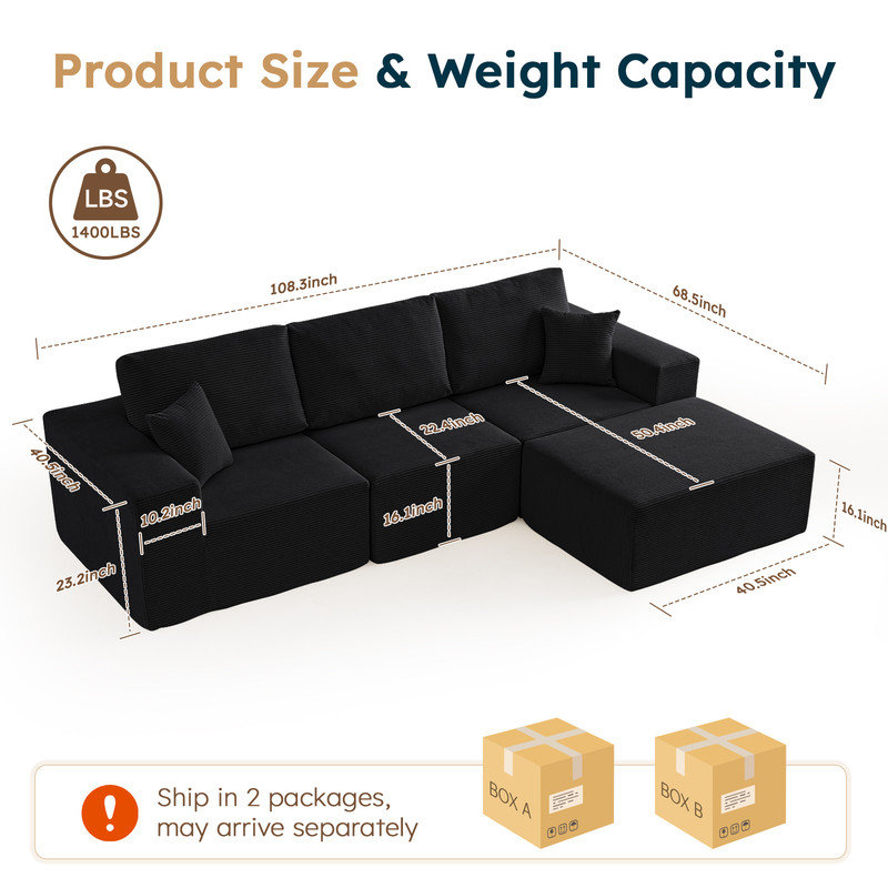 108" Cloud Sectional Couch with L-Shape Chaise Modern Comfy Modular Corduroy Sofa for Living Room, No Assembly Required