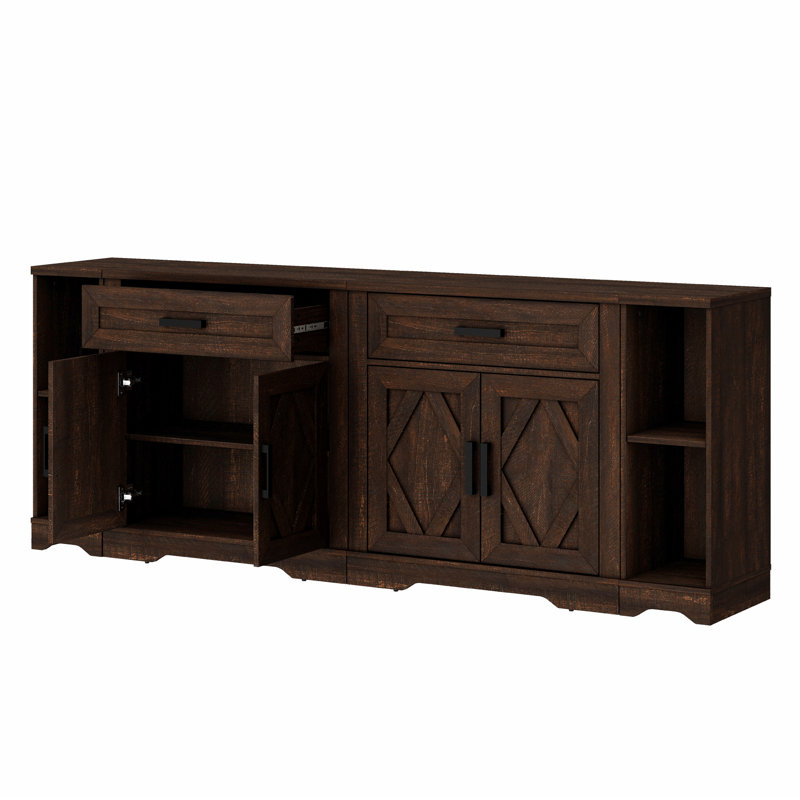 Glenford 82.7"W Large Modern Farmhouse Accent Cabinet With Barn Doors & Drawers, Scratch-Resistant Tree Bark Finish, Walnut