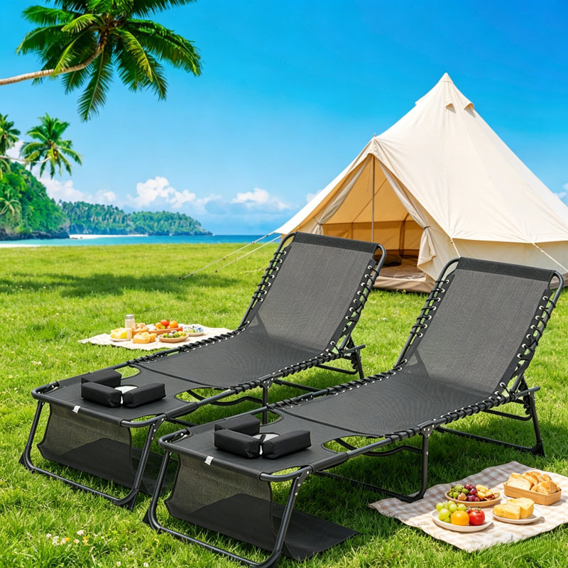 Folding Tanning Lounge Chair Set of 2, Outdoor Chaise Lounge Chair with Face Holes and Rust Resistant Steel Frame Portable Sunbathing Chair for Beach Pool Patio Garden, Black