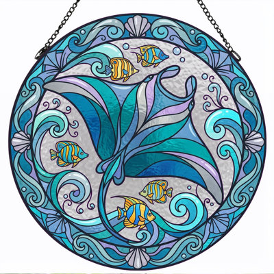 Ocean Wave Stained Glass Window Panel，7.8H