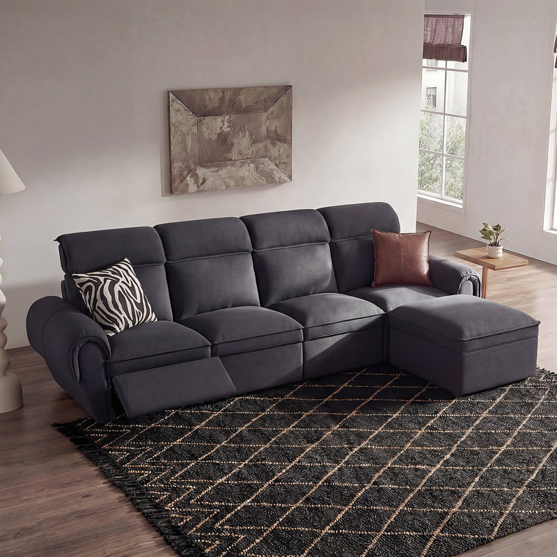 4 Seater Modular Sectional Power Reclining Sofa With 1 Ottoman, Recliner Couch With Storage, Dark Gray Polyester Blend