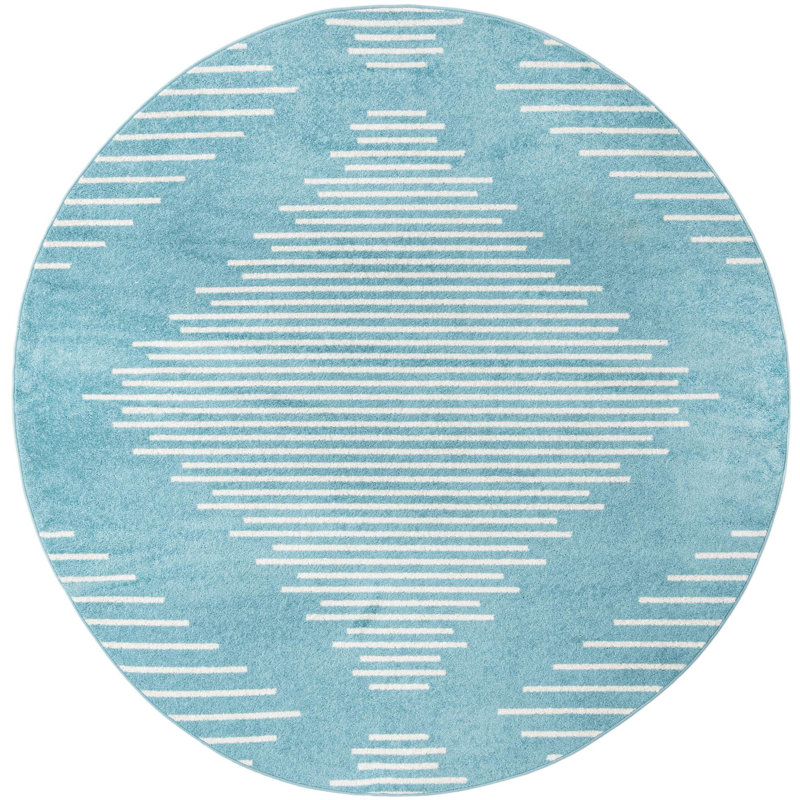 Tapis géométrique bleu clair en polypropylène tissé à la machine, Rond 7 pi 10 po