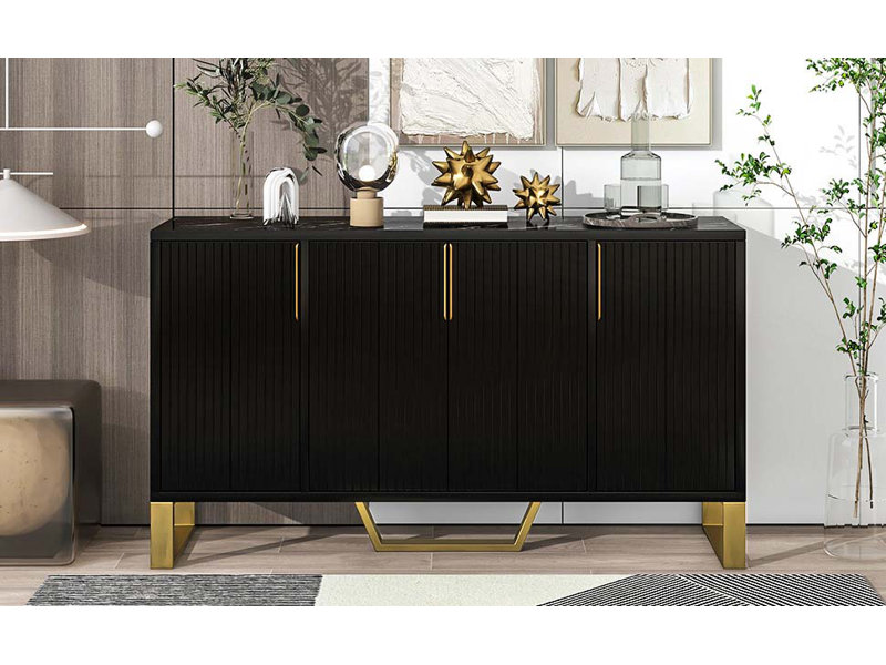 Modern Sideboard With Four Doors, Metal Handles & Legs And Adjustable Shelves Kitchen Cabinet, Black
