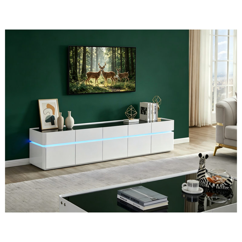 Meuble télé DEL blanc brillant avec plateau en verre trempé, centre multimédia bas et moderne pour téléviseurs de 55 à 65 pouces