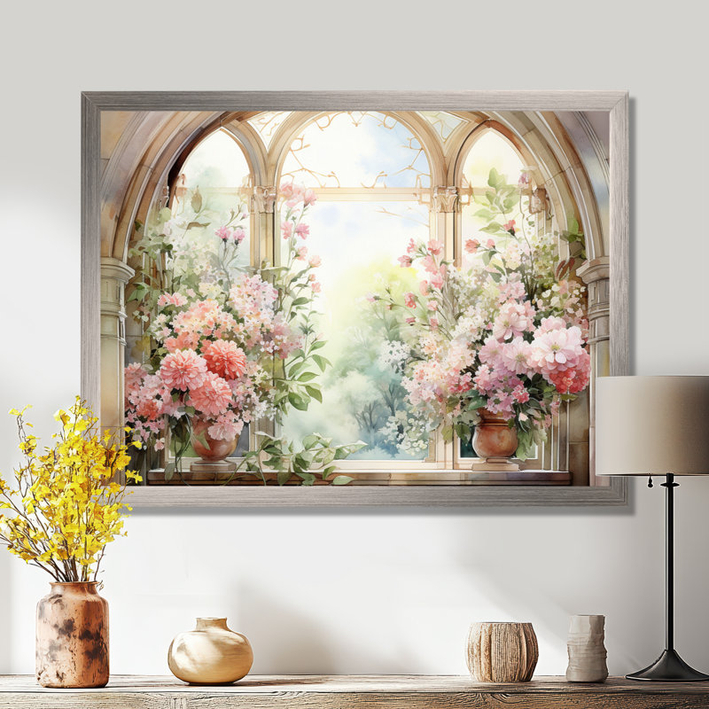«Pink Blossoming Country Window Gaze V», reproduction d'art sur toile, Cadre de coin argenté fermé