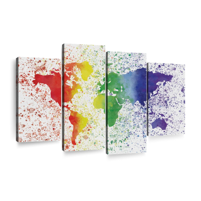 «World Map Rainbow Splatter World Map», reproduction sur toile 4 pièces par Naomi Heart, H 48 po x l 75 po x P 1,25 po