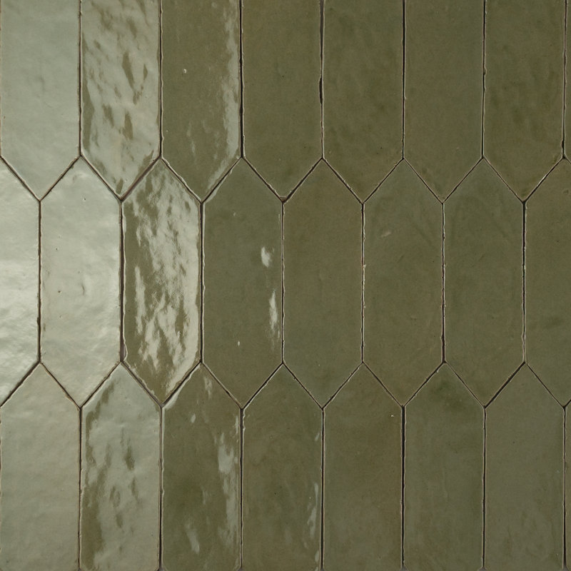 Morokko 2.5" x 8" Handmade Zellige Picket Glossy Wall Tile, Bejmat Olive Light Green