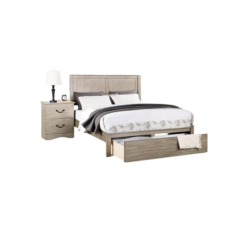 Très grand lit rustique, conception à deux panneaux, tiroir rectangulaire, lit à finition argent antique avec tête de lit, bois en forme