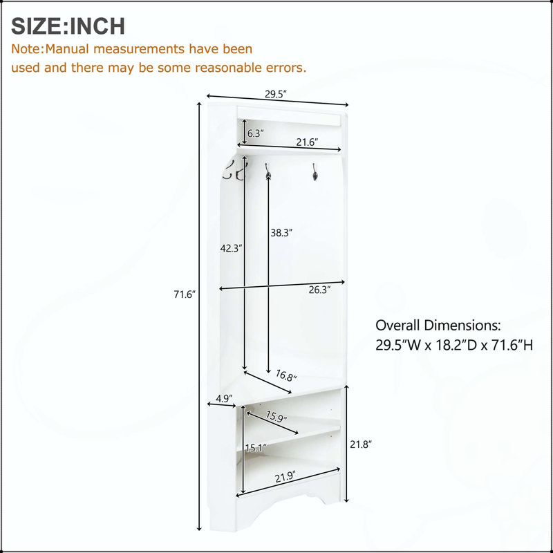 Corner Hall Tree with Shoe Bench, Adjustable Shelf, and 4 Hooks