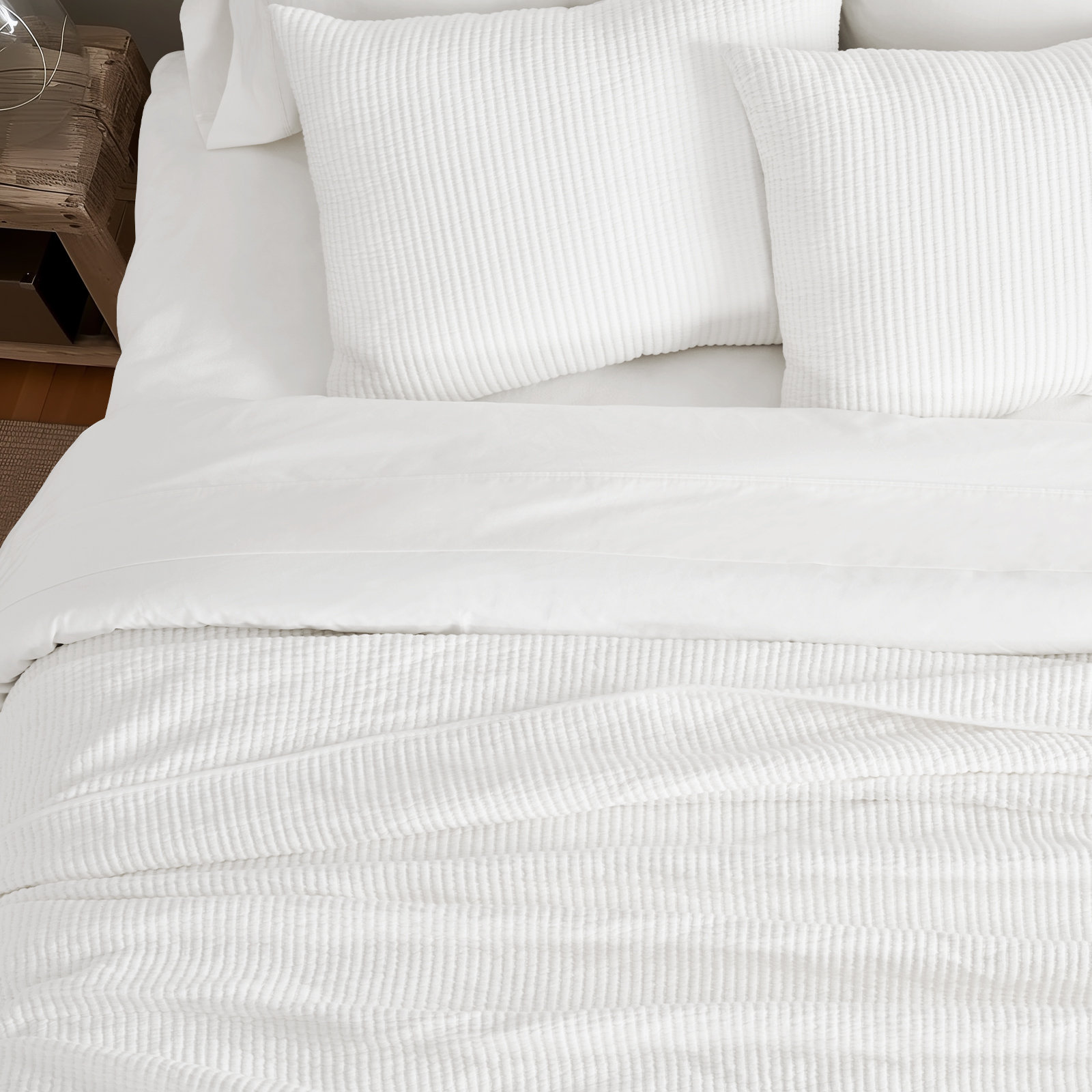 Ribbed Matelassé Cotton Coverlet Set, Queen Quilt + 2 Queen Shams, Bright White