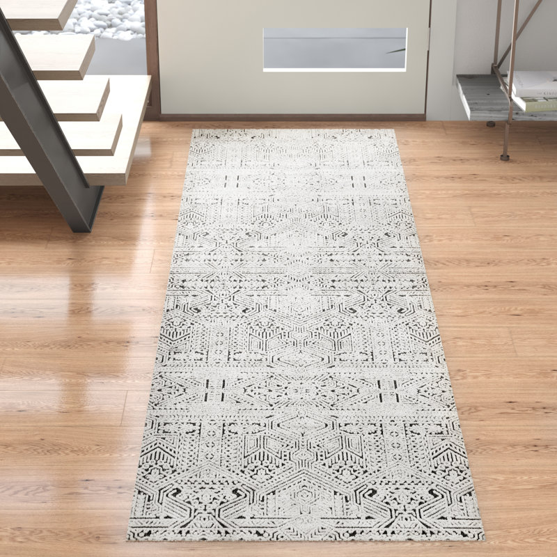 Tapis ivoire et gris anthracite tissé au métier mécanique Adhitya, Tapis de couloir 2 pi 3 po x 7 pi 6 po