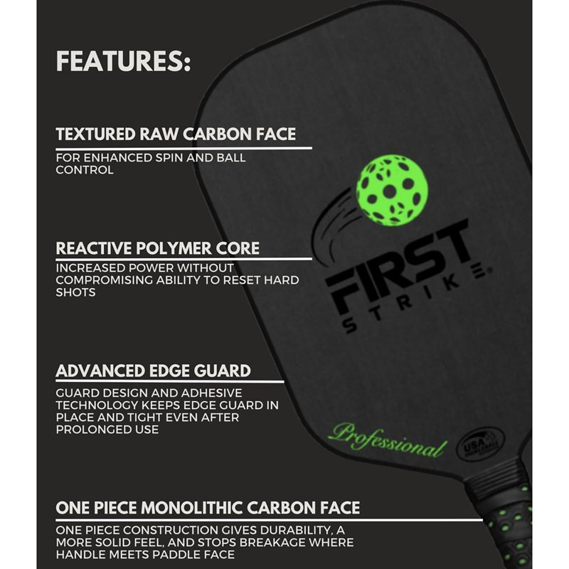 First Strike Pickleball: Professional Pickleball Paddle - Elongated, 16.4 x 7.5", Polymer Core, Carbon Fibre Surface, Advanced Edge Guard, 4 1/4" Grip