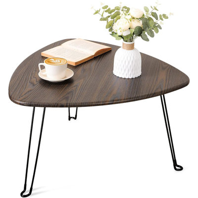 Foldable Coffee Table For Small Spaces, Industrial Sofa Center Table With Triangle Wood Frame Design, Mid-Century Style Rustic Brown Floor Table For Living Room Or Balcony