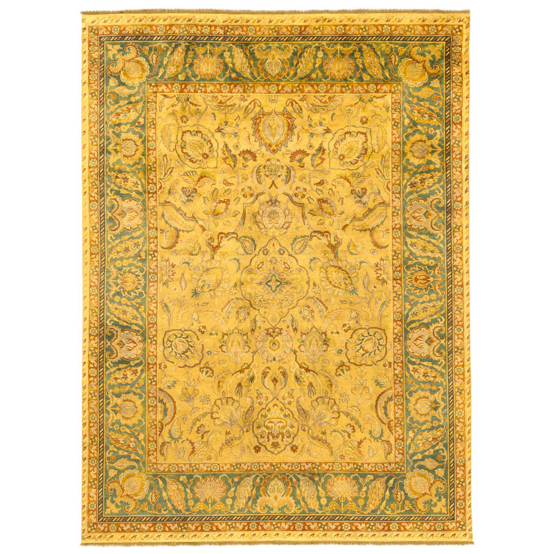 Tapis doré et vert de haute qualité noué à la main