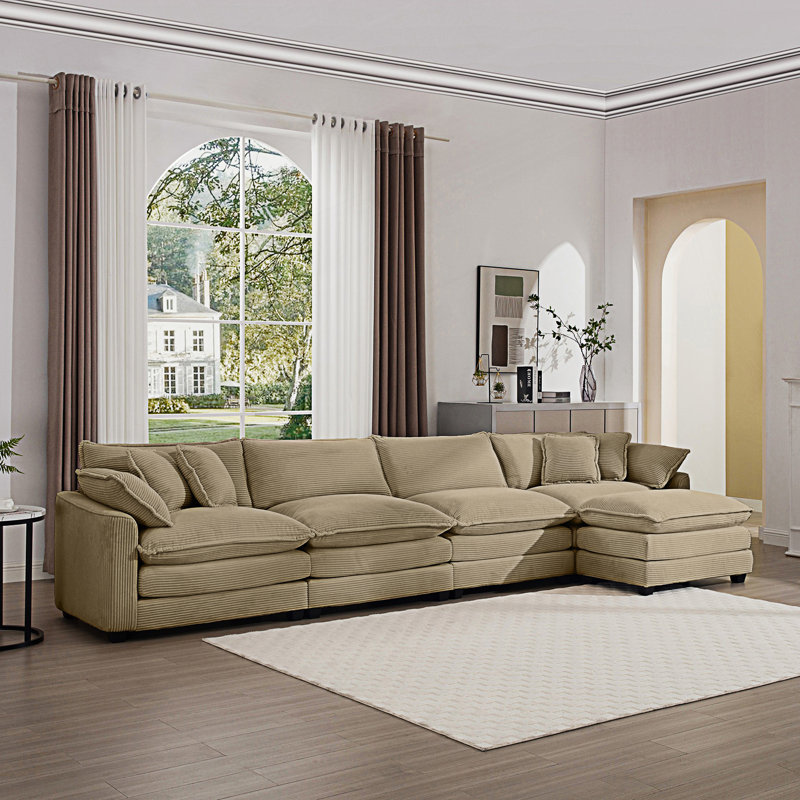 Canapé modulaire rembourré en L 4 places avec 1 repose-pieds Modern, Velours côtelé brun clair