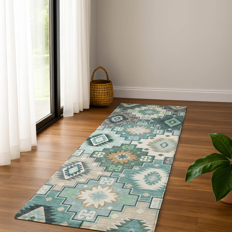 Premium Machine Washable Mayfield  Ethnic Rug, 2'3" x 7'6" Runner, Teal