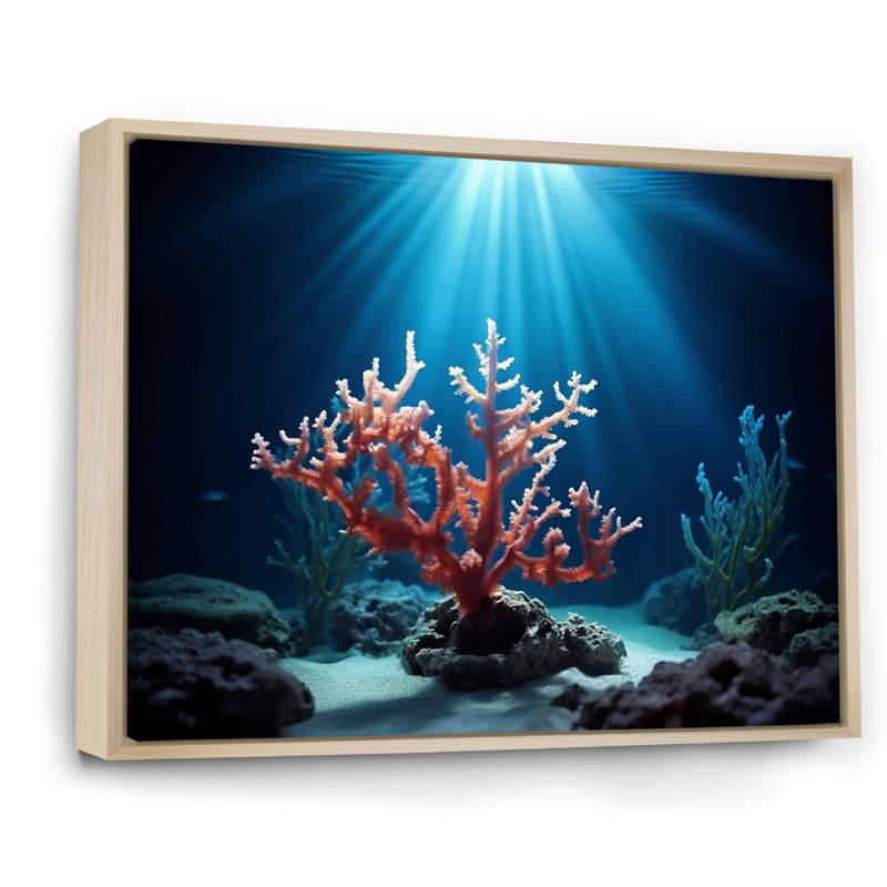 Sous-marin rose, branche de corail - plage et océan, art mural sur toile, Cadre naturel flottant, H 30 po x l 40 po