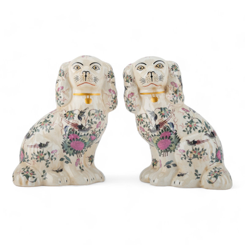 Porcelain Staffordshire Dog Figurines Pair, White floral