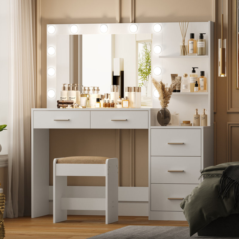 Freman Vanity Table Set, Makeup Vanity Desk with Lights and Mirror, Dressing Table, White