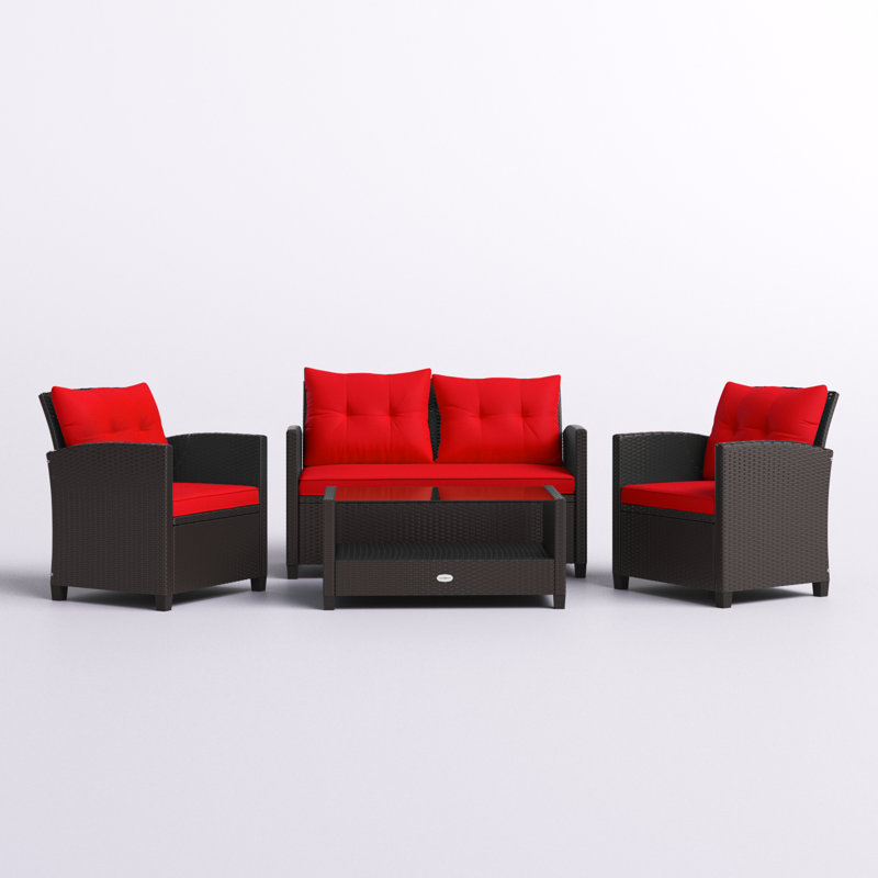 Alysheeya Wicker 4 - Person Patio Conversation Set with Cushions, Red