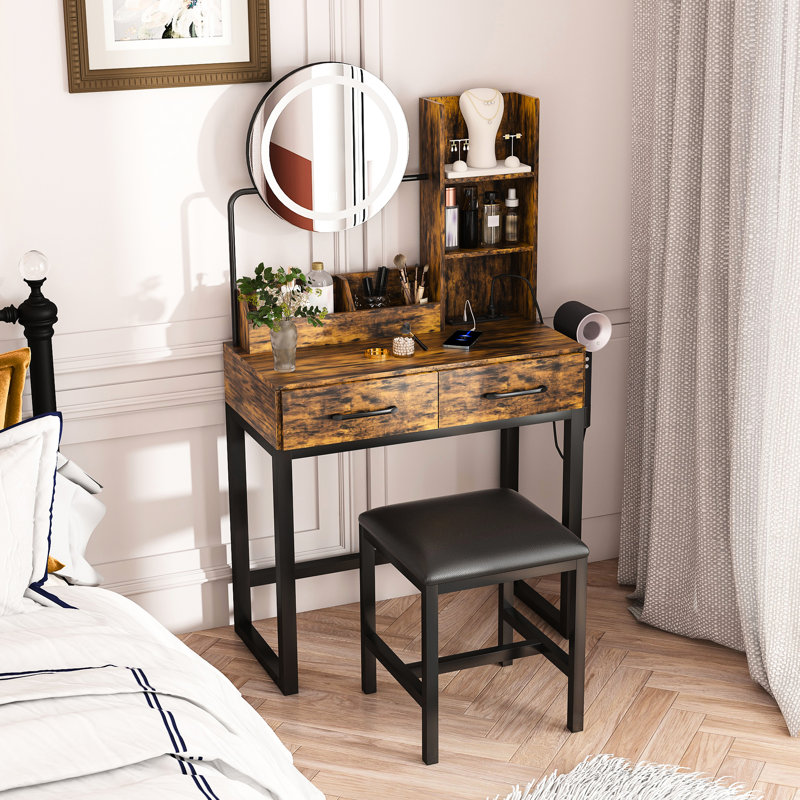 Coiffeuse à maquillage de style américain avec lumières à DEL, 2 grands tiroirs, rangement ouvert et luminosité réglable, brun, tablettes de rangement de construction, prise de courant, ports,