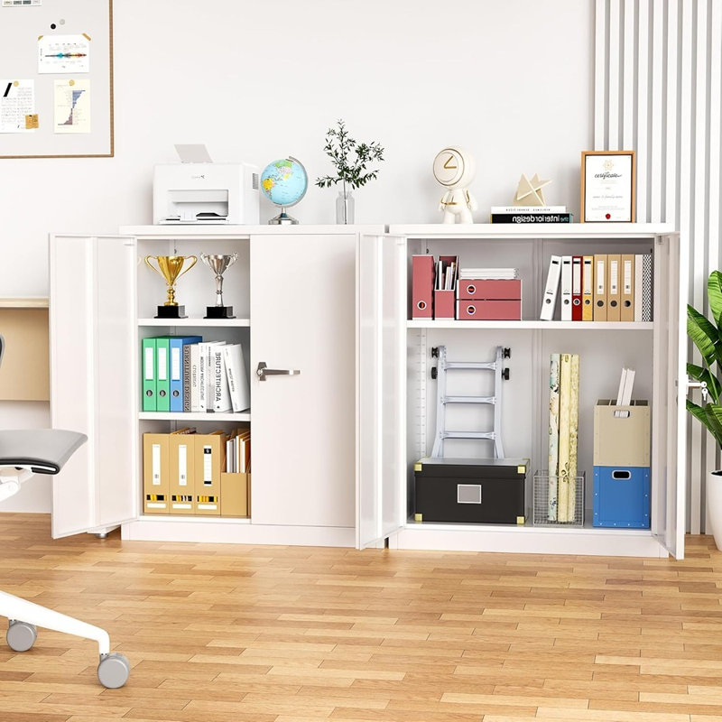 Armoire de rangement verrouillable en métal 36 po avec 2 portes et 2 tablettes réglables, classeur en acier pour bureau personnel, garage, entrepôt ou salle d'étude - Blanc