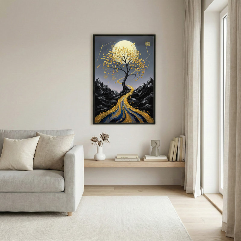 Ensemble de 1 tableau sur toile tendue représentant un paysage d'arbre doré et de lune, H 18 po x l 12 po