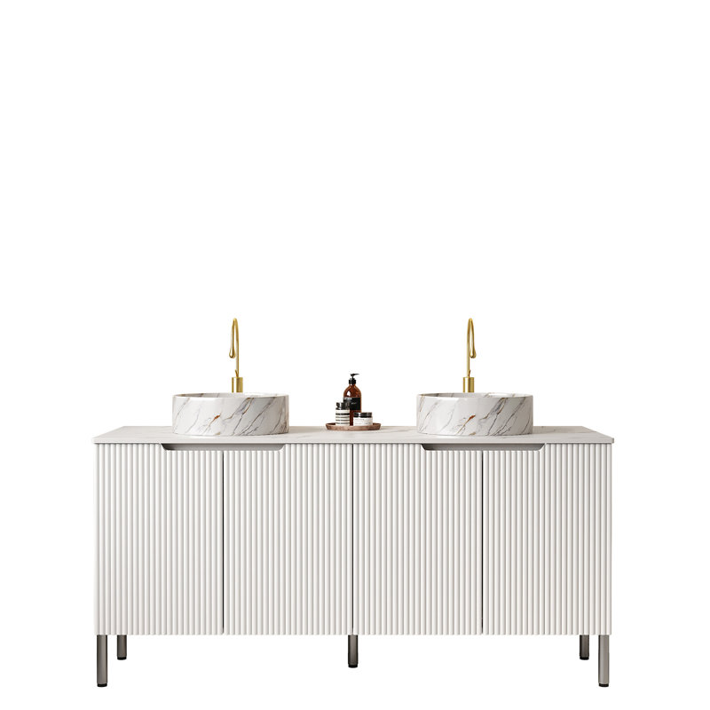 Meuble-lavabo autoportant de 60 po avec lavabo 60 po avec 4 portes, 2 lavabos ronds blancs en céramique avec motif en pierre et comptoir blanc Carrara, sans couleur de robinet