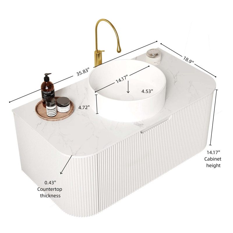 Meuble-lavabo flottant avec bords arrondis et rangement à fermeture en douceur, Blanc