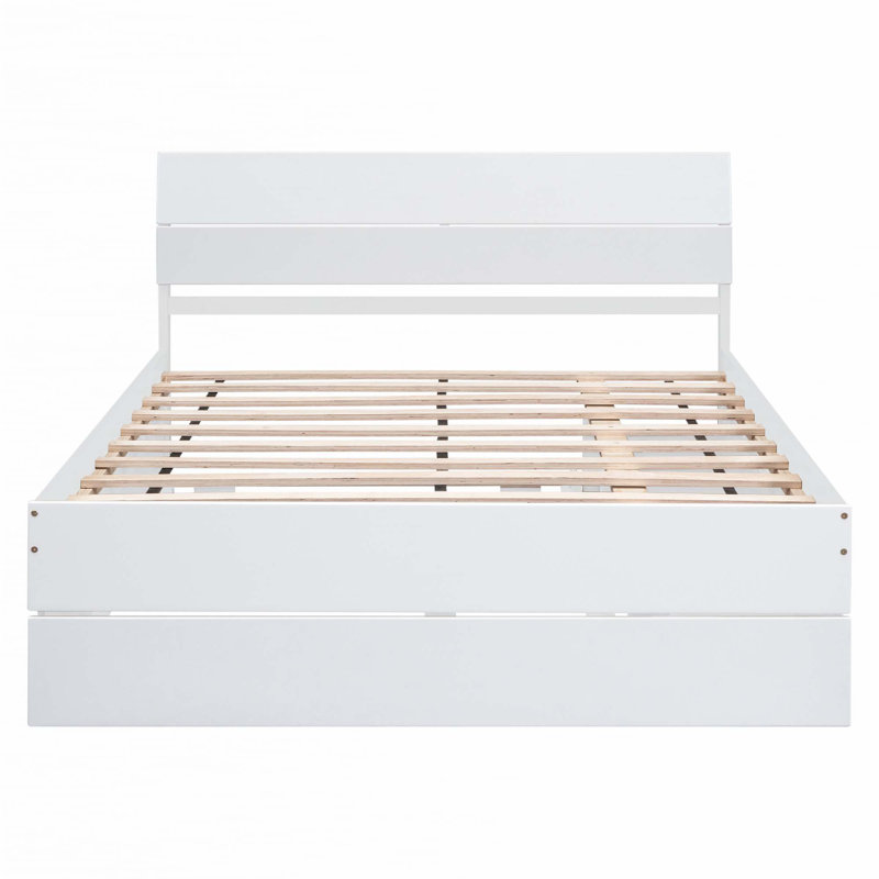 Structure de lit double avec lit gigogne simple et 2 tiroirs, Blanc