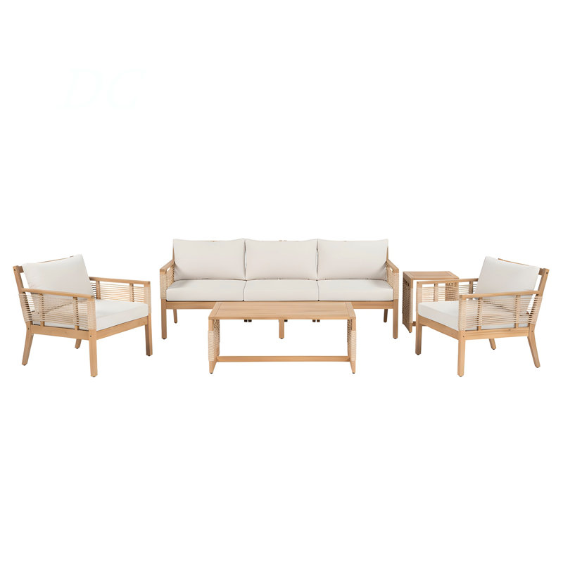 5-Piece Patio Acacia Wood Sofa Set, Outdoor Hand Woven Rope Conversation Set With 3 Seater Sofa,2 Chairs And 2 Coffee Tables For Garden, Backyard, Poolside