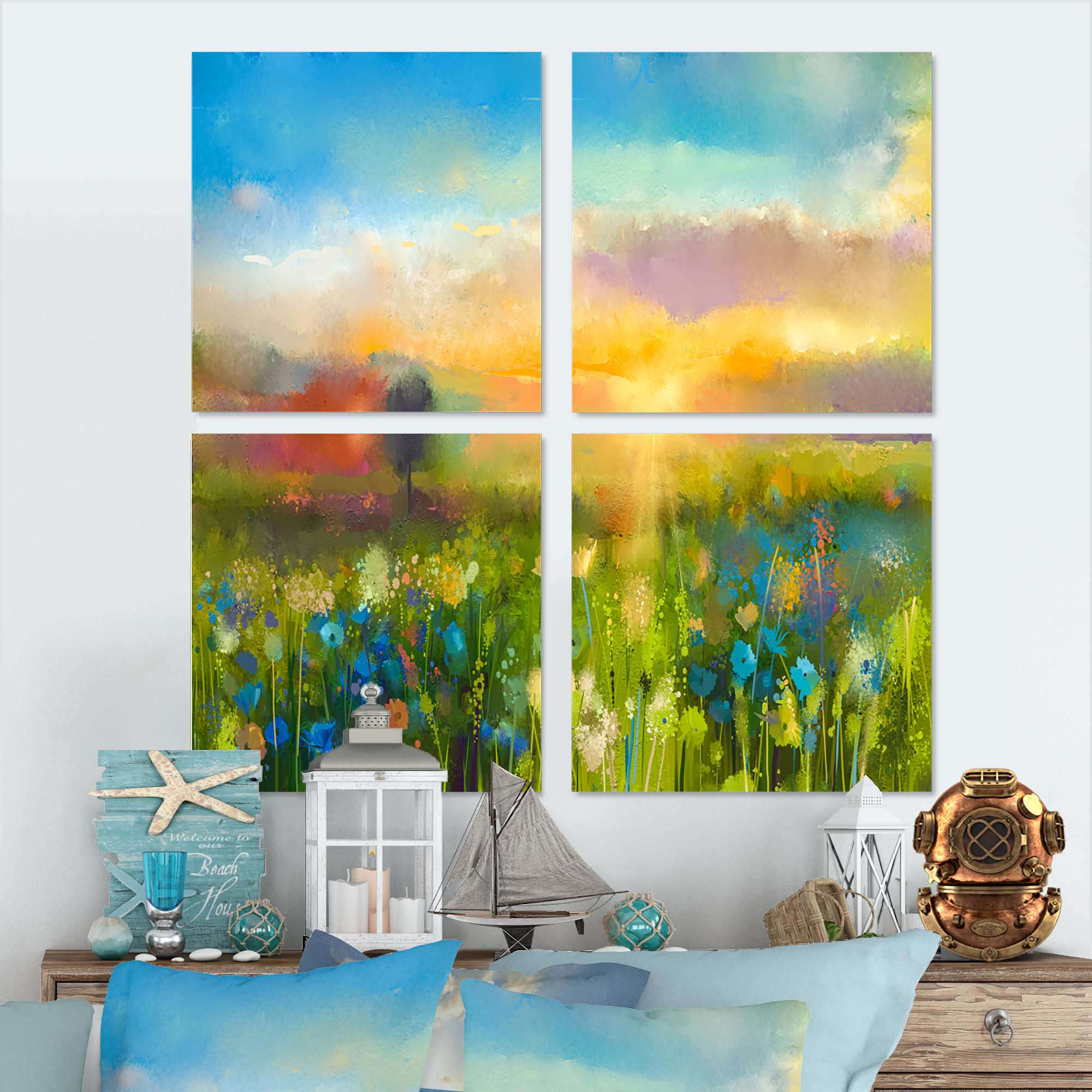 Designart Fishing Hut at Spring Sunset Landscape Canvas Wall