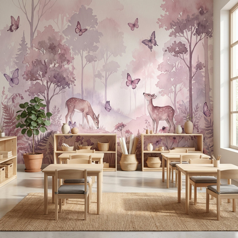Papier peint forêt avec papillons et cerfs, Non tissé non collé, 120 po x 96 po
